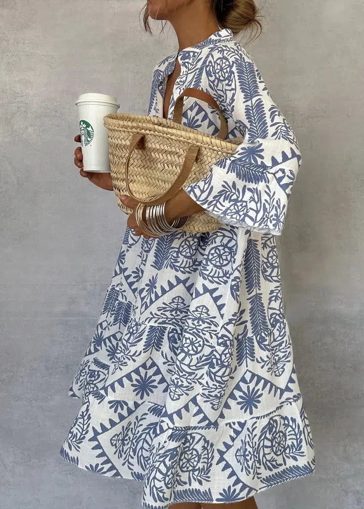 Effortless Blue Floral Mini Dress for Women with V Neck Bell Sleeve Tiered Ruffle Bohemian Style