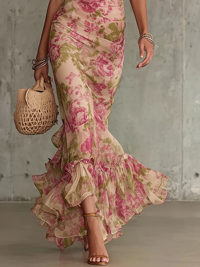 Elegant Pink Floral Maxi Dress for Women with High Neck Puff Sleeve Ruffle Mermaid Style