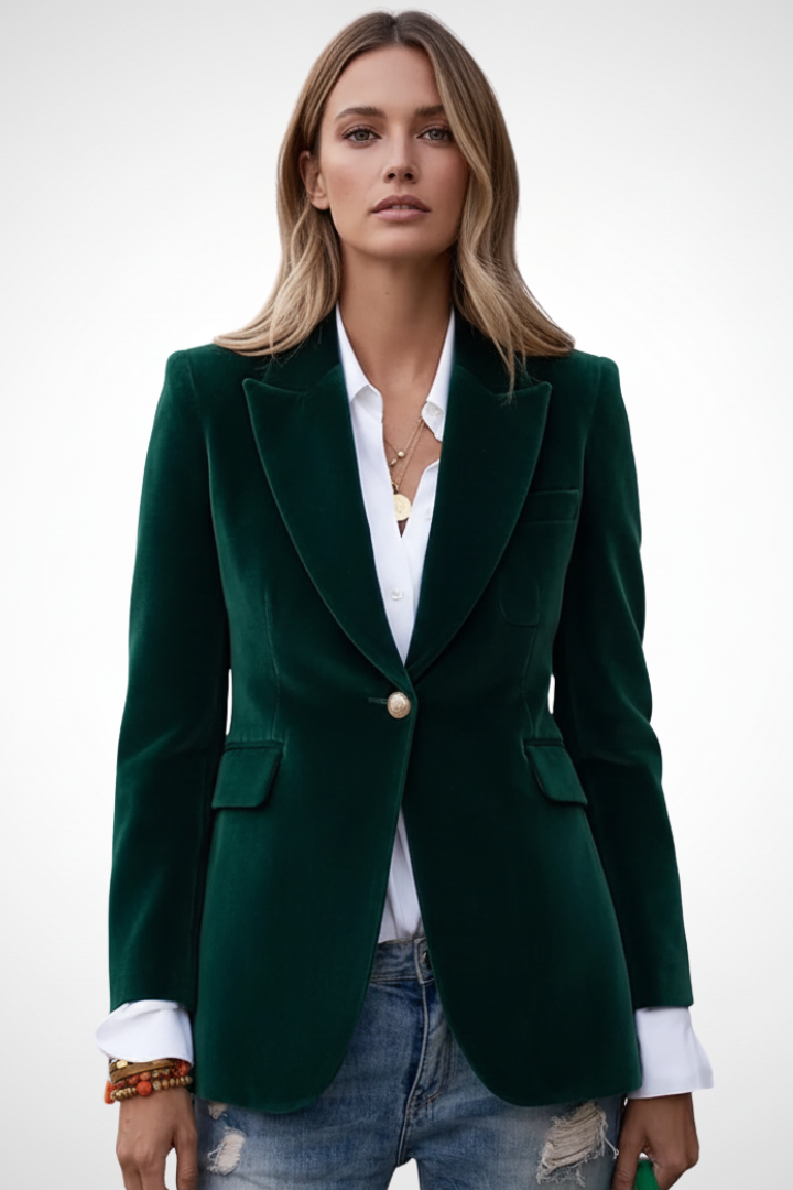Sleek Navy Velvet Blazer for Women with Peak Lapel Single Button Tailored Tailored Cocktail Style
