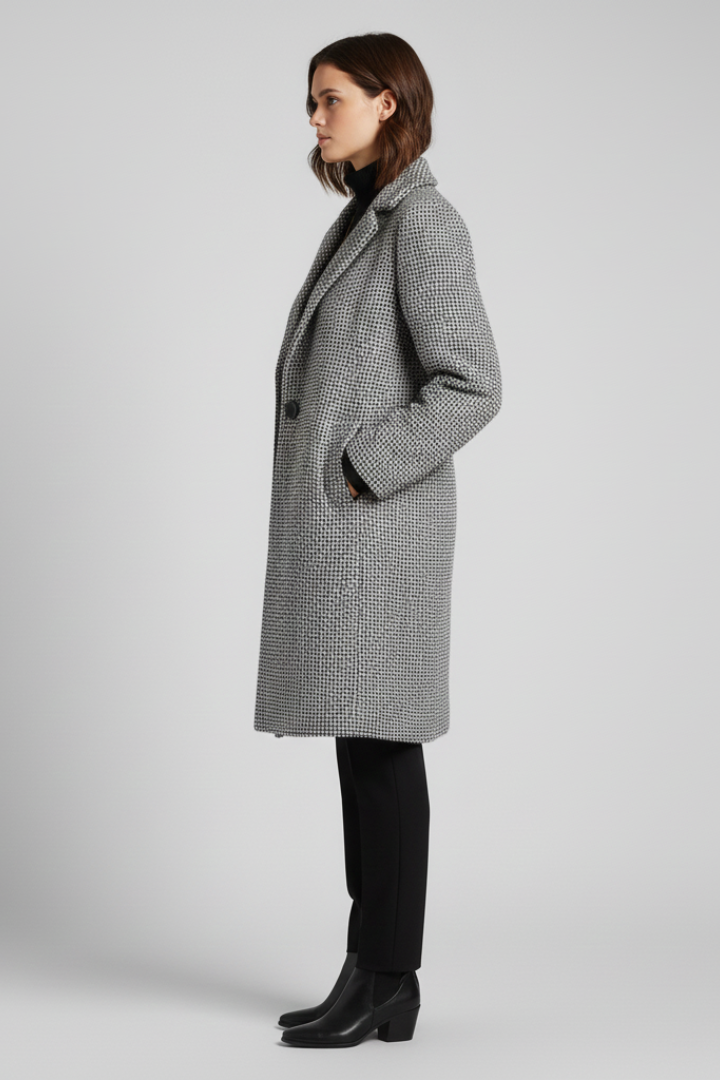 Chic Grey Herringbone Long Blazer for Women with Notched Lapel Single Button Woven Texture Tailored Cold Weather Style