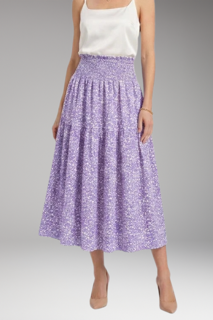 Elegant Purple Skirt for Women with High Waist Smocked Tiered Floral Midi Style