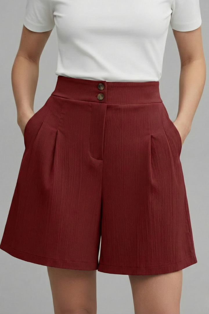 Effortless Textured Bermuda Shorts for Women with High Waist Button Front Pleated Relaxed Style