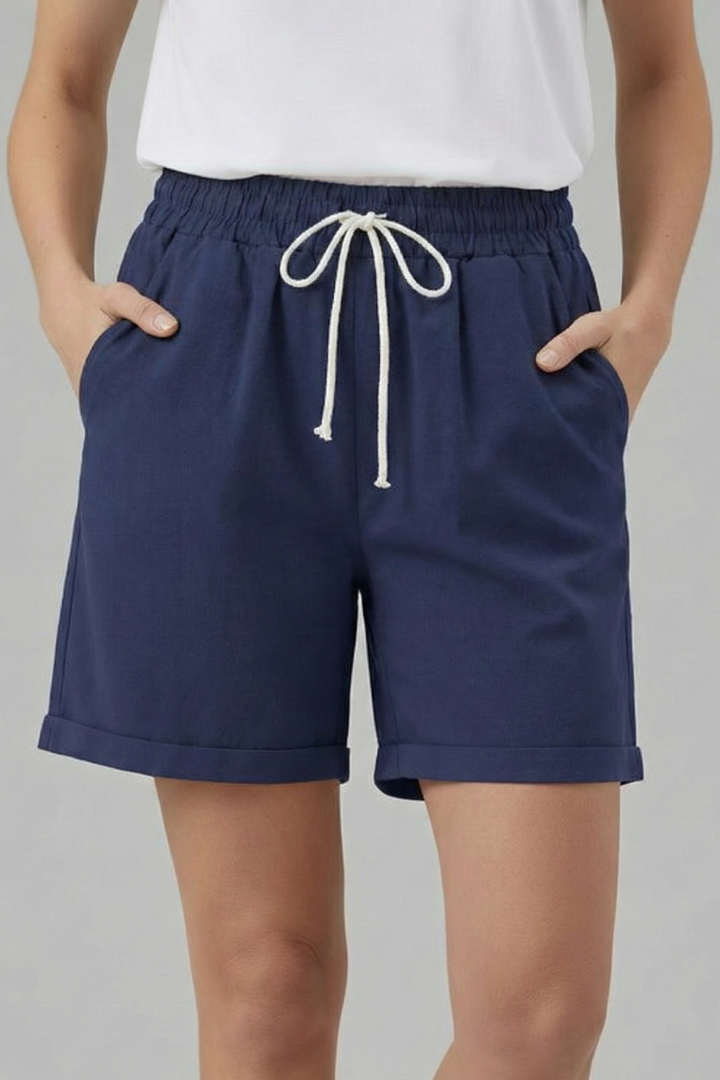 Effortless Khaki Bermuda Shorts for Women with Elastic Waist Drawstring Cuffed Relaxed Casual Style