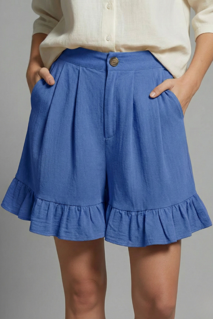 Effortless Textured Linen Shorts for Women with High Waist Button Front Pleated Ruffle Hem Style