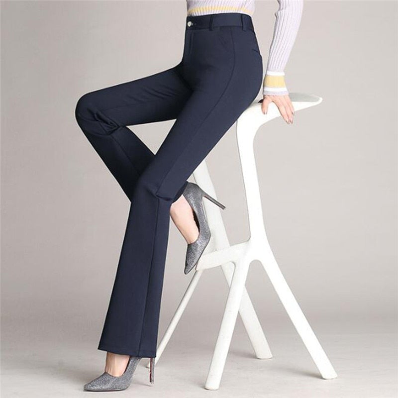 Elegant Black Flared Pants for Women with High Waist Zip Front Tailored Office Style