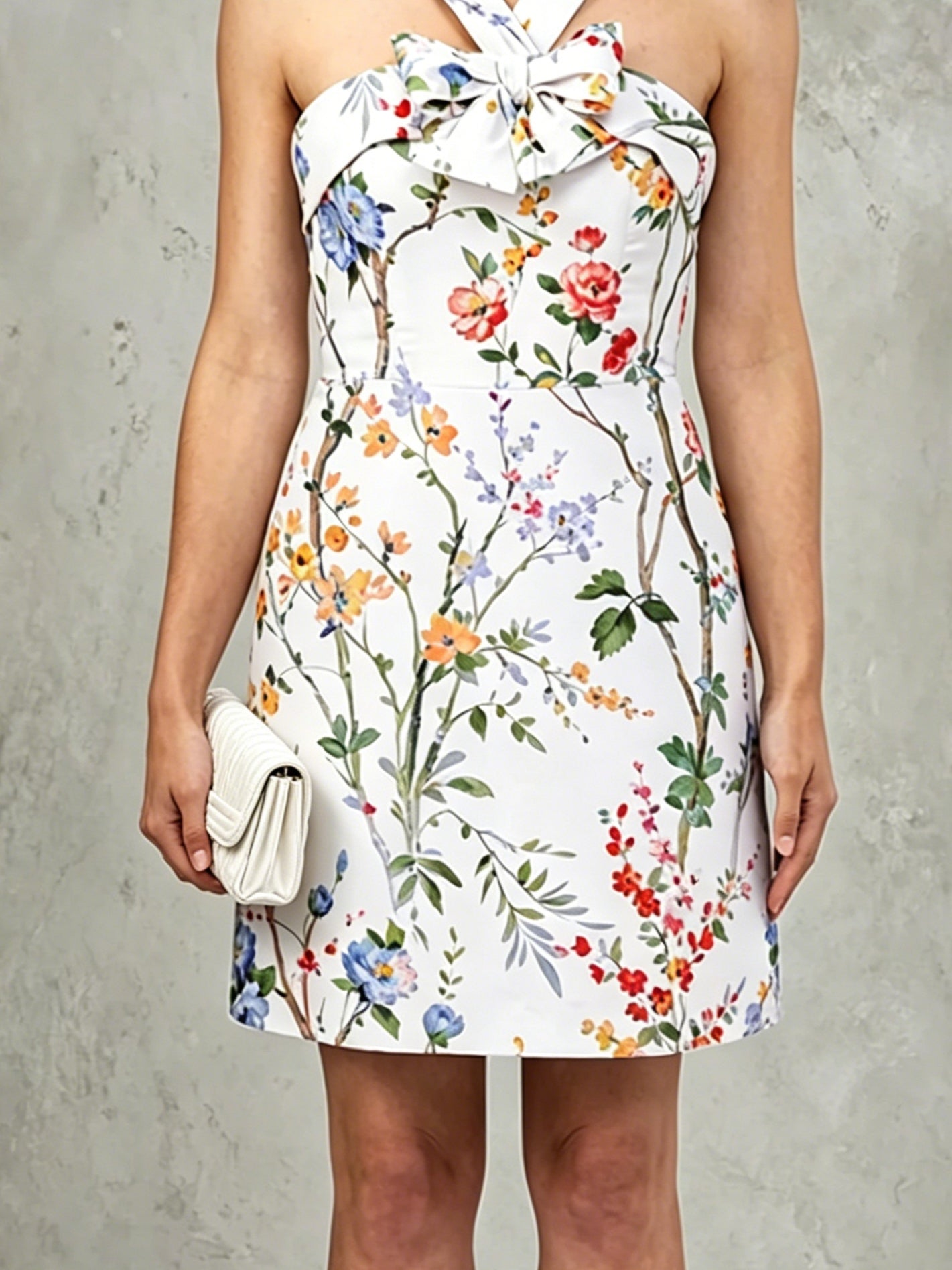 Elegant White Floral Mini Dress for Women with Crisscross Halter Bow Detail A Line Style