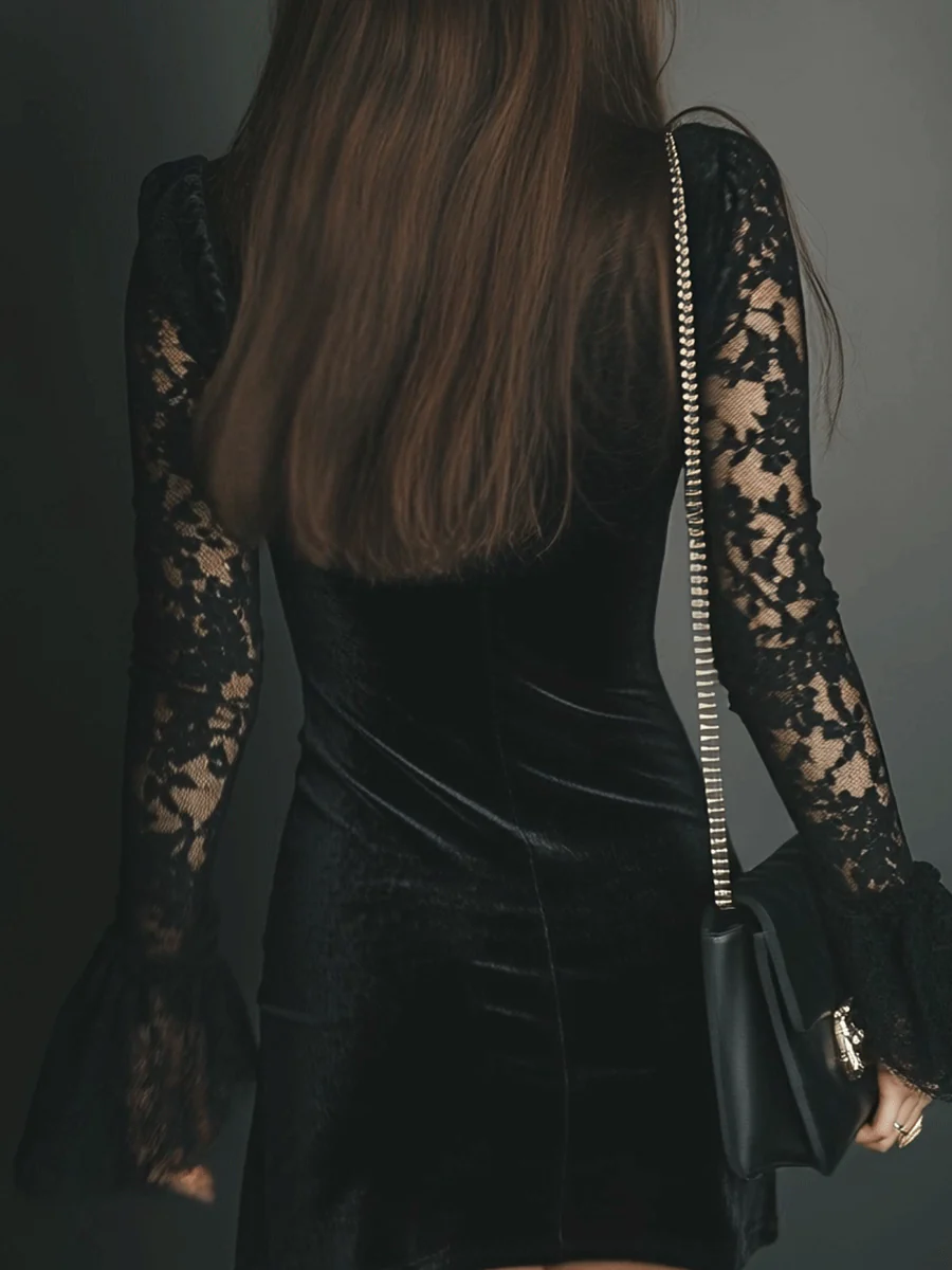 Elegant Black Velvet Cocktail Dress for Women with V Neck Lace Bell Sleeve Bodycon Formal Party Style