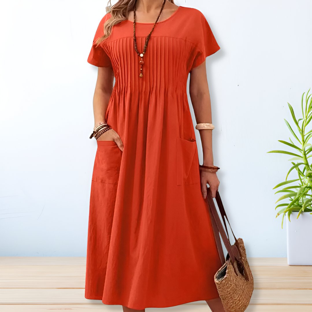 Effortless Pintuck Maxi Dress for Women with Round Neck Short Sleeve Pocket Flowing Casual Style