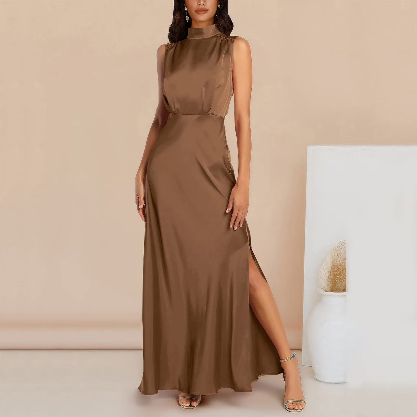 Elegant Satin Cocktail Dress for Women with Mock Neck Sleeveless High Slit Flowing Style