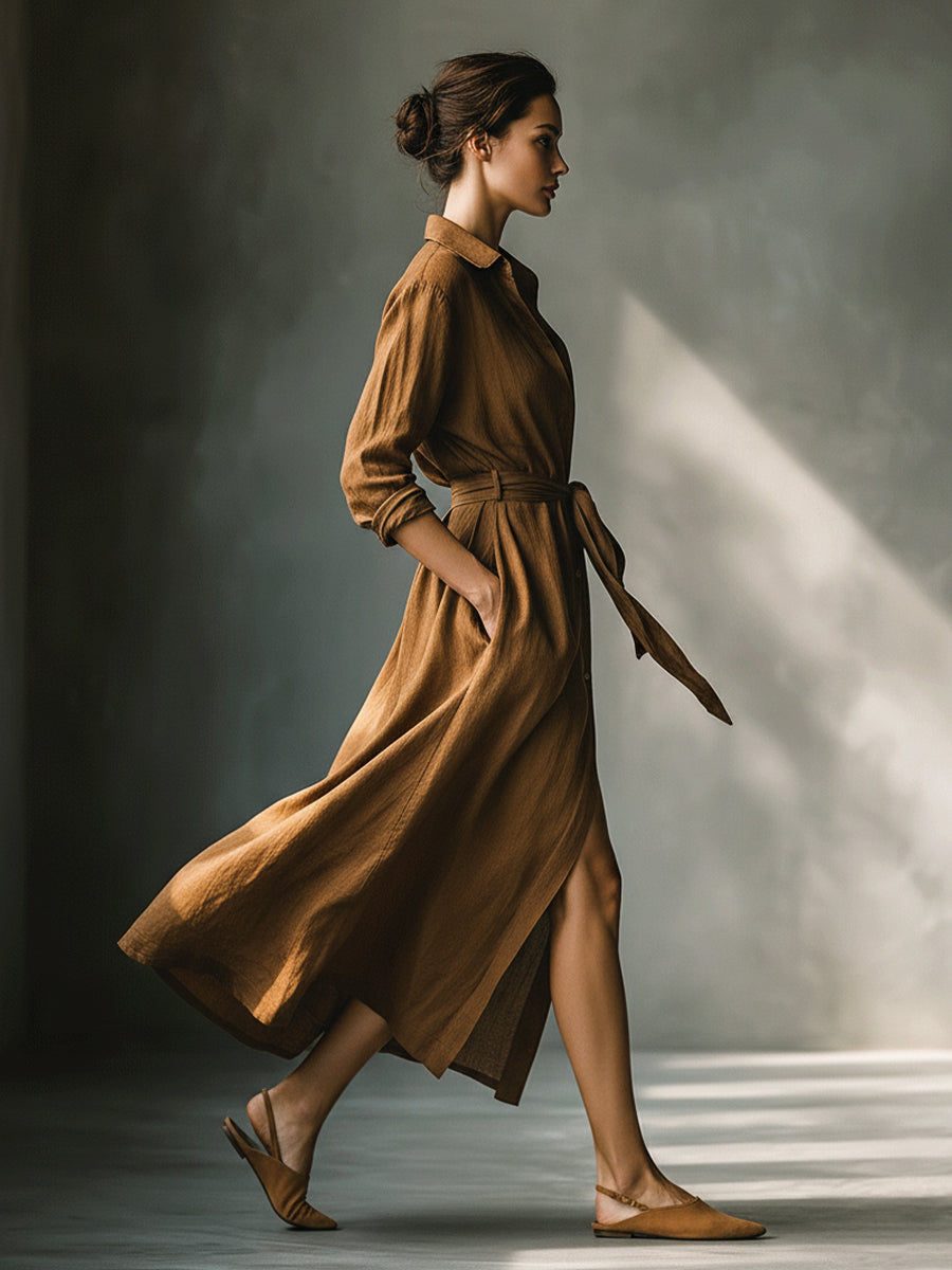 Elegant Brown Linen Shirt Dress for Women with Collar Long Sleeve Tie Waist Flowing Maxi Style