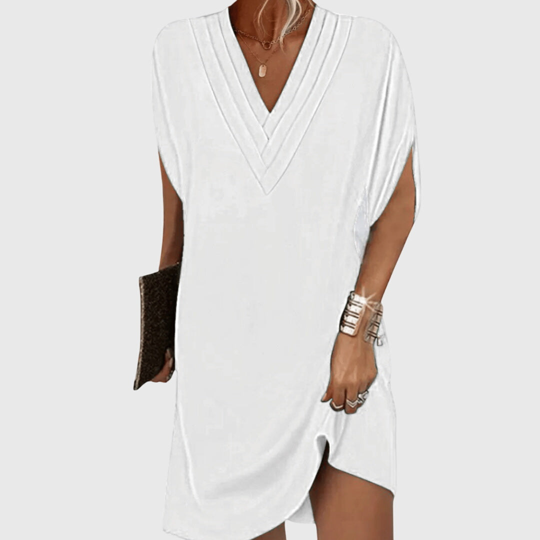 Effortless Mini Dress for Women with V Neck Split Sleeve Tulip Hem Relaxed Flowing Style