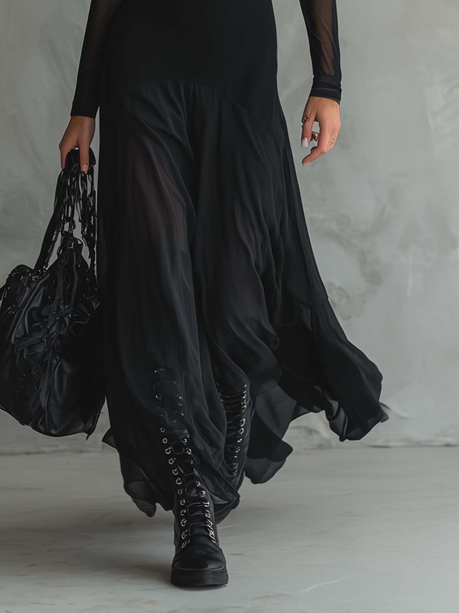 Elegant Black Mesh Maxi Dress for Women with Illusion Neck Long Sleeve Flowing Gothic Style