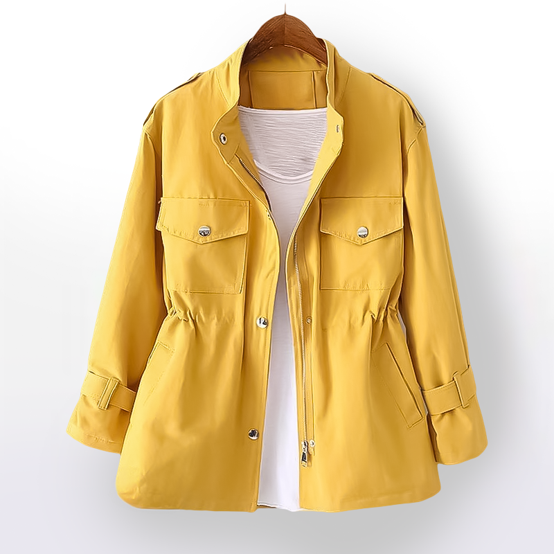 Stylish Yellow Rain Coat for Women with Stand Collar Long Sleeve Zip Front Drawstring Waist Style