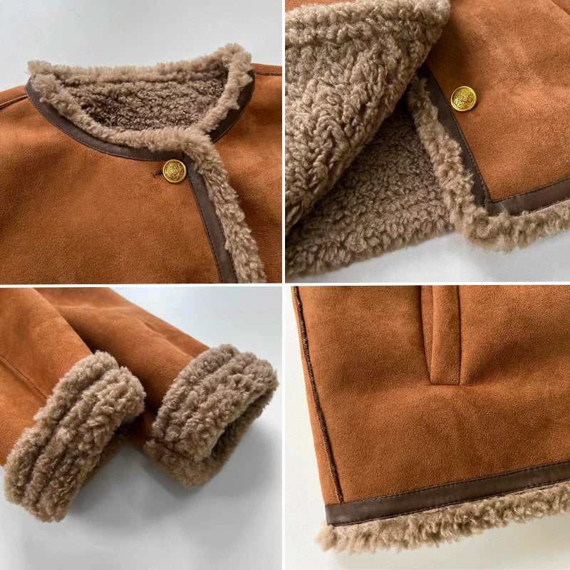Women's Brown Shearling Suede Button Jacket