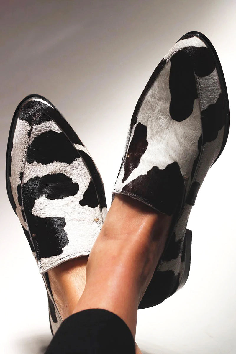 Stylish Cow Print Loafer for Women with Pointed Toe Slip On Calf Hair Style