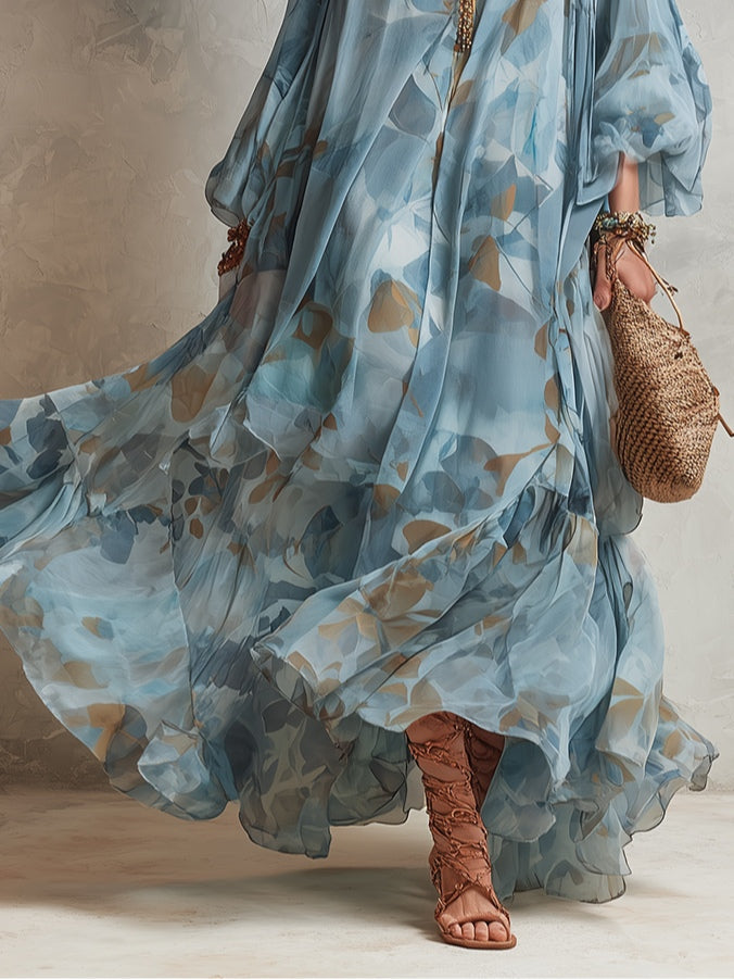 Effortless Blue Floral Maxi Dress for Women with V Neck Bell Sleeve Flowing Bohemian Style