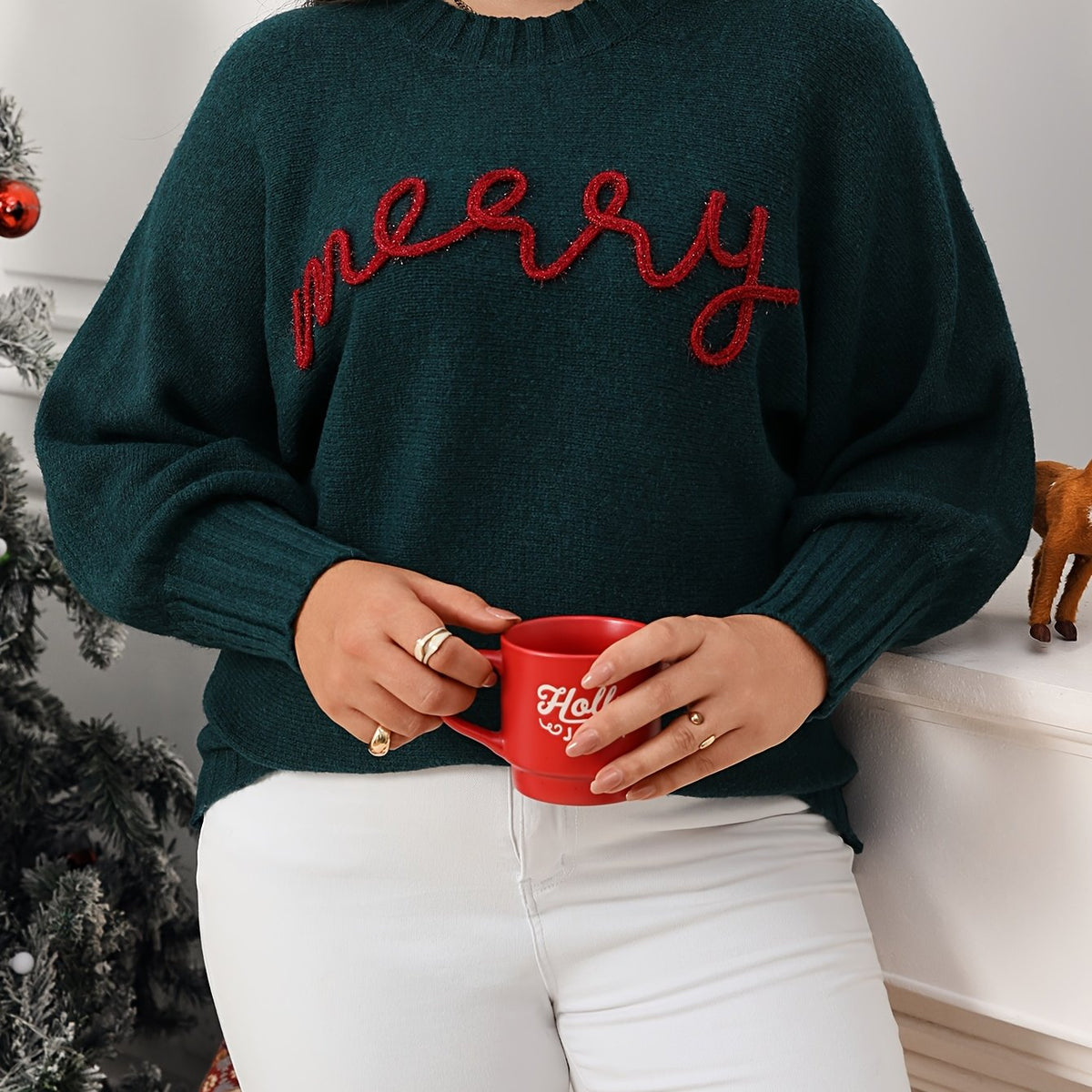 Warm Green Merry Letter Christmas Tacky Sweater for Women with Round Neck Long Sleeve Knit Pullover Festive Style