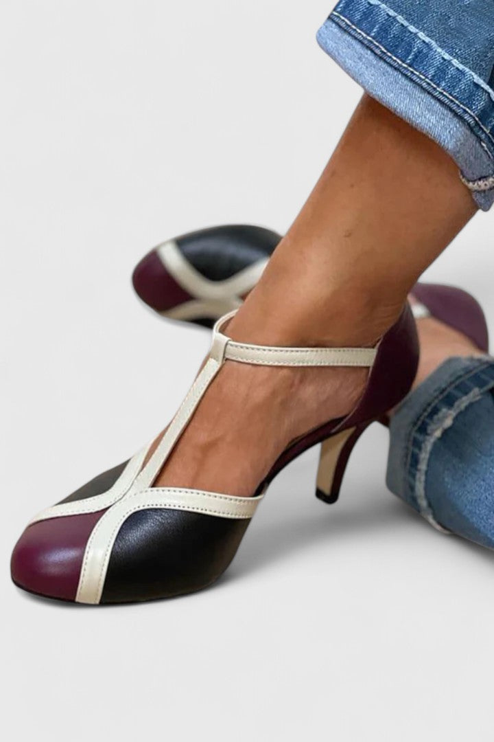 Elegant Color Block T-Strap Sandal for Women with Metallic Trim Buckle Ankle Kitten Heel Style