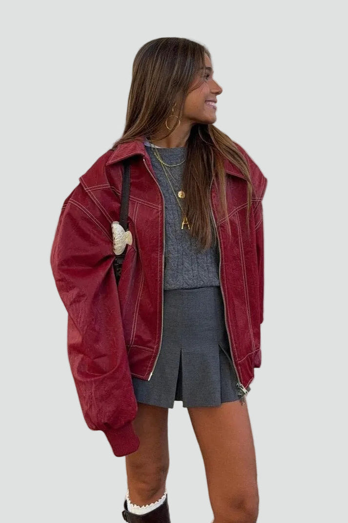 Women's Oversized Zip Front Pockets Bomber Jacket