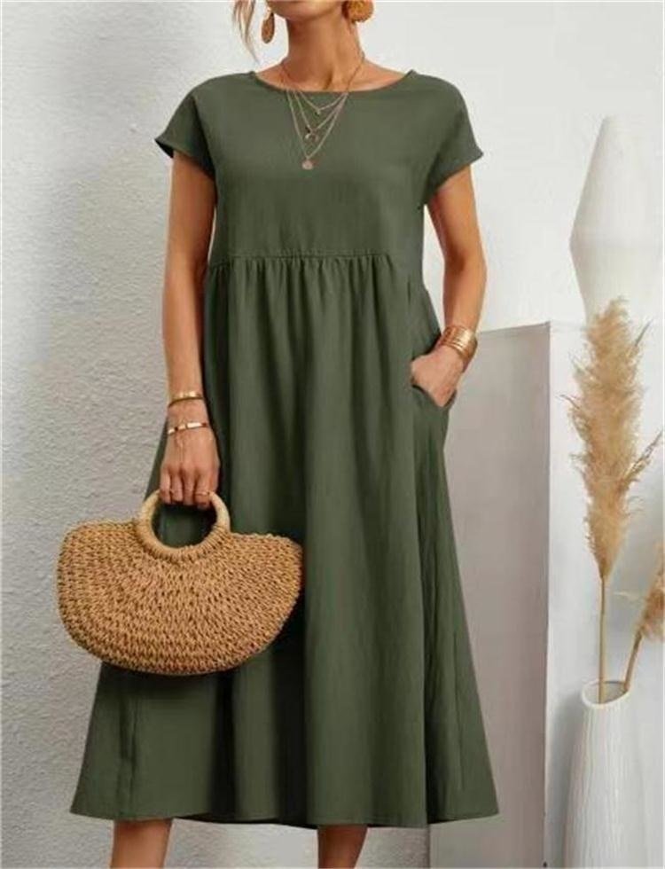 Effortless Cotton Maxi Dress for Women with Round Neck Short Sleeve Pocket Relaxed Casual Style
