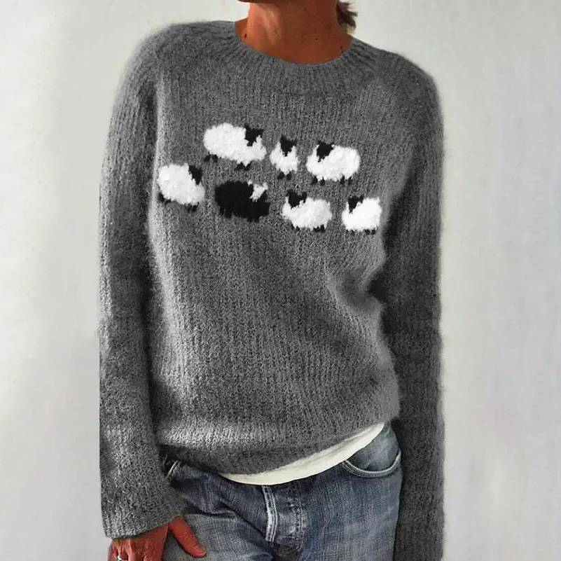 Comfortable Sheep Print Sweater for Women with Crew Neck Long Sleeve Relaxed Oversized Knit Style
