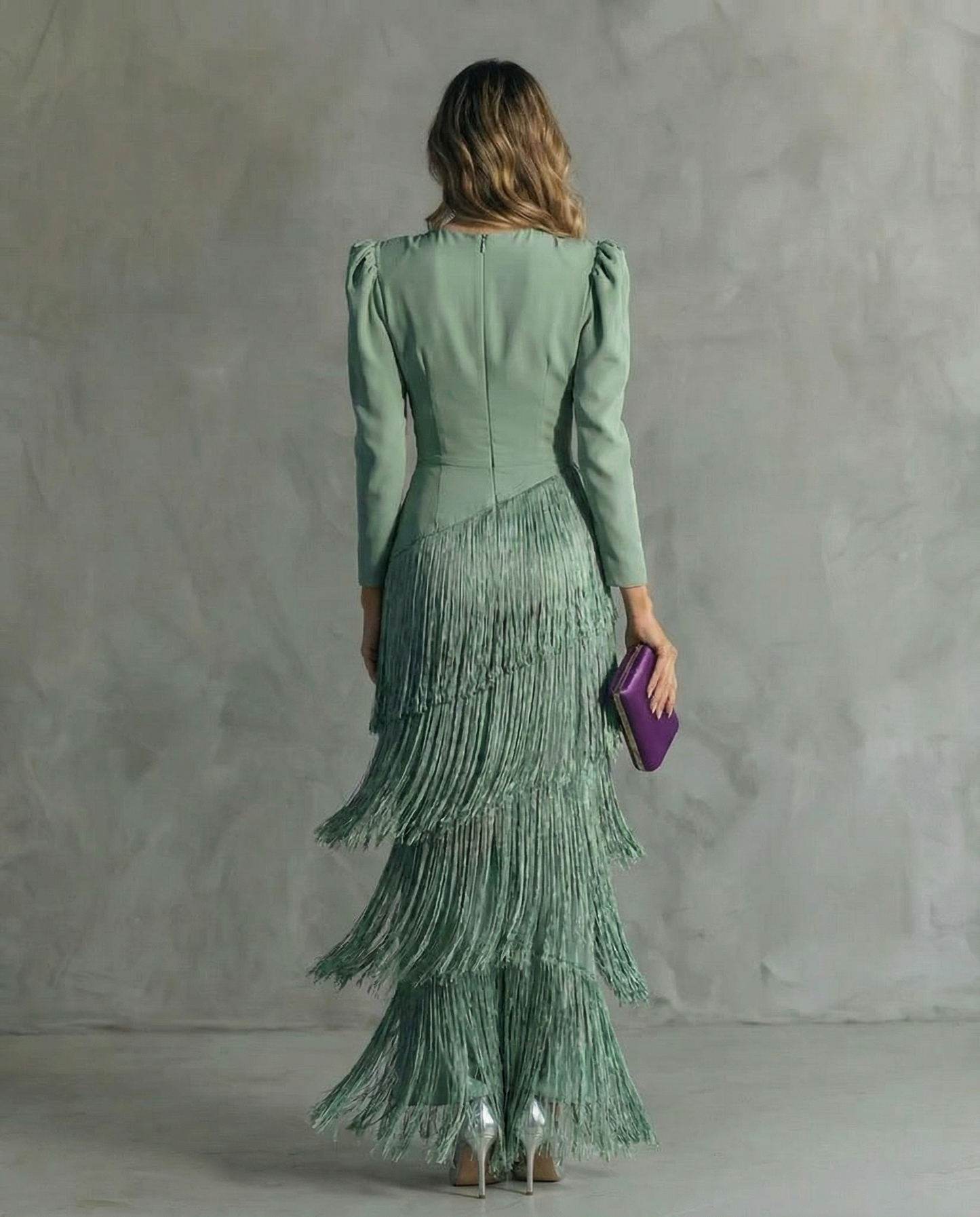 Elegant Sage Green Fringe Maxi Dress for Women with V Neck Long Sleeve Tiered Wrap Formal Wedding Guest Style
