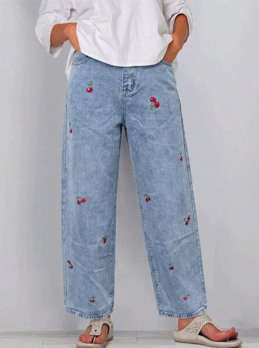 Effortless Blue Cherry Embroidered Wide Leg Jeans for Women with High Waist Relaxed Casual Style