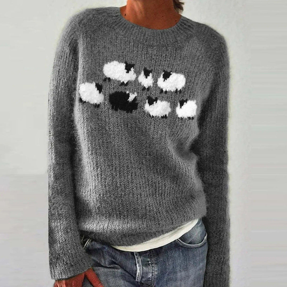 Warm Sheep Print Novelty Sweater for Women with Round Neck Long Sleeve Knit Pullover Cold Weather Style