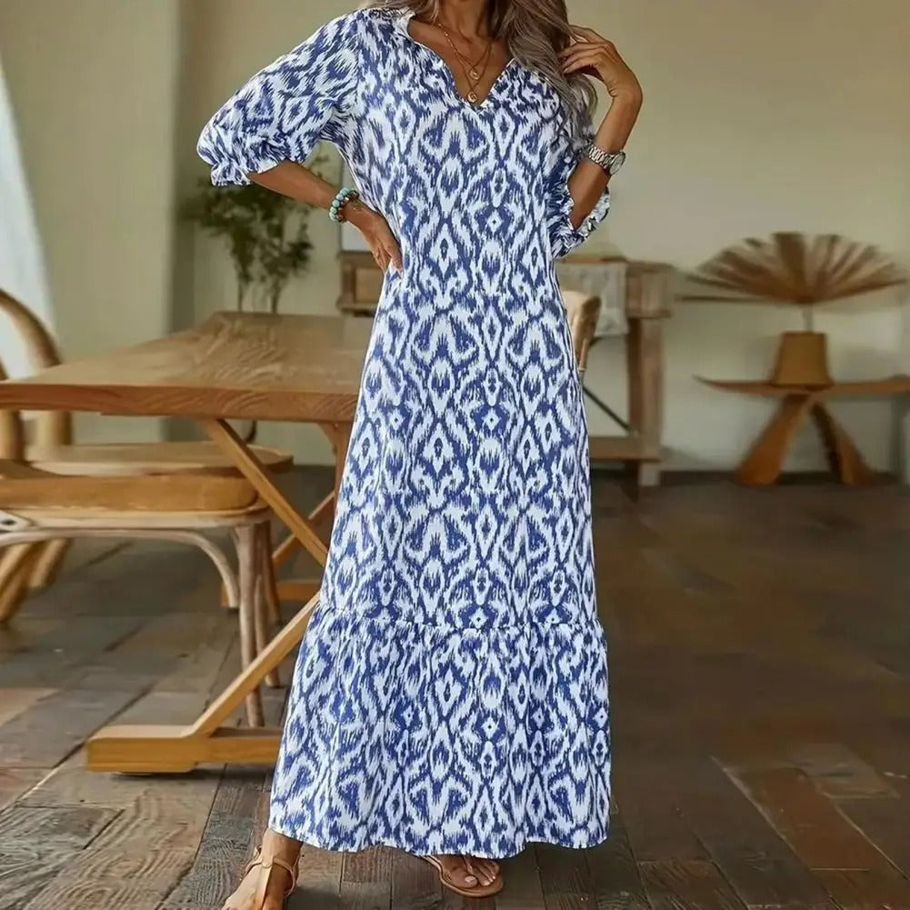 Effortless Blue Ikat Maxi Dress for Women with V Neck Bell Sleeve Tiered Flowing Bohemian Style
