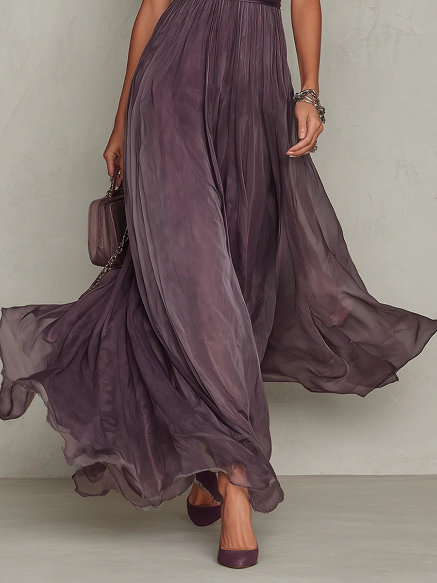 Elegant Purple Chiffon Autumn Wedding Guest Dress for Women with High Neck Short Sleeve Lace Trim Flowing Style