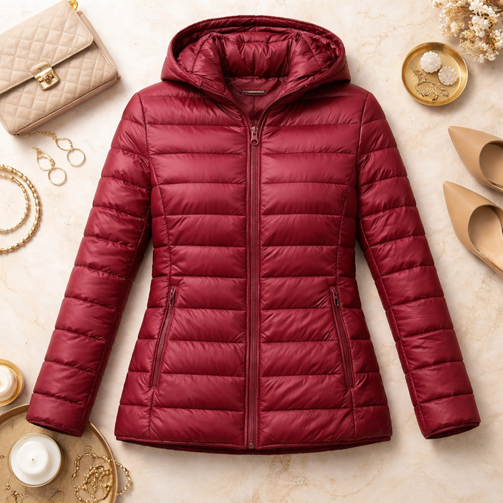 Refined Hooded Puffer Jacket for Women with Front Zip Lightweight Quilted Insulated Packable Cold Weather Style