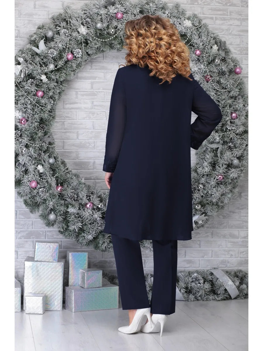 Elegant Embroidered Chiffon Two Piece Set for Women with V Neck Long Sleeve High Low Tunic Formal Wedding Guest Style