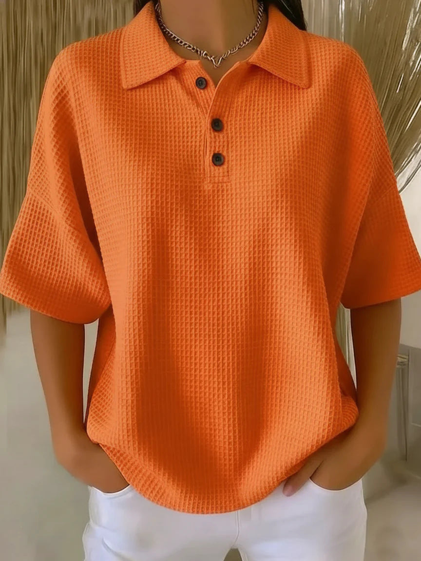 Effortless Waffle Knit Polo Blouse for Women with Collar Short Sleeve Button Placket Relaxed Style