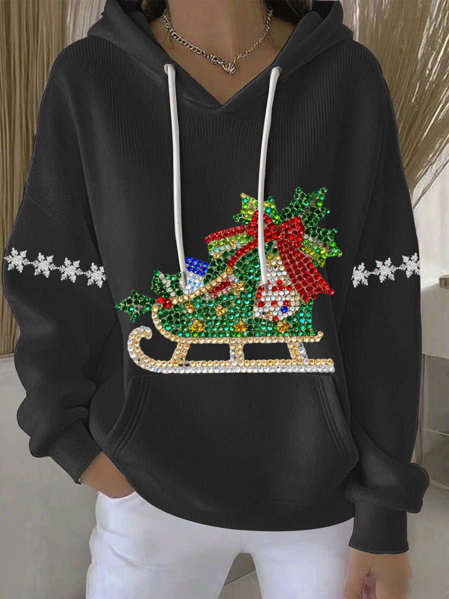 Comfortable Rhinestone Sleigh Sweater for Women with Hooded Long Sleeve Oversized Christmas Style