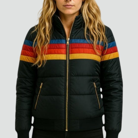 Women's Hooded Striped Colorblock Puffer Jacket