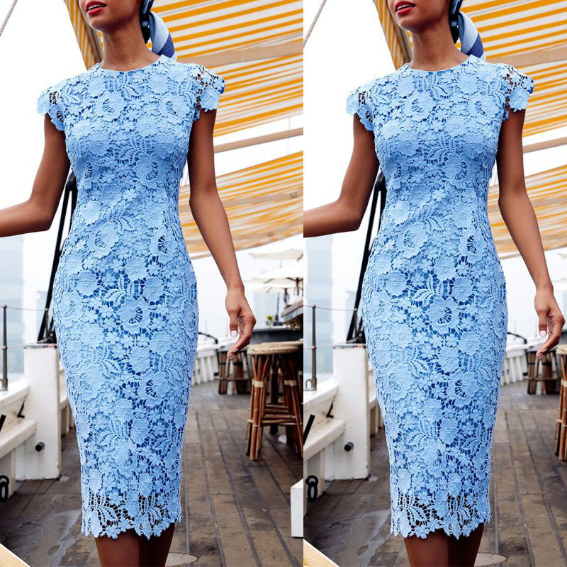 Elegant Light Blue Lace Midi Dress for Women with Round Neck Cap Sleeve Bodycon Cocktail Style