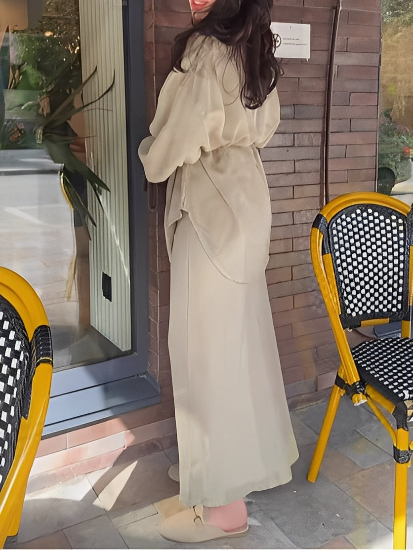 Elegant Satin Two Piece Set for Women with Button Front Long Sleeve Drawstring Waist Maxi Skirt Formal Style