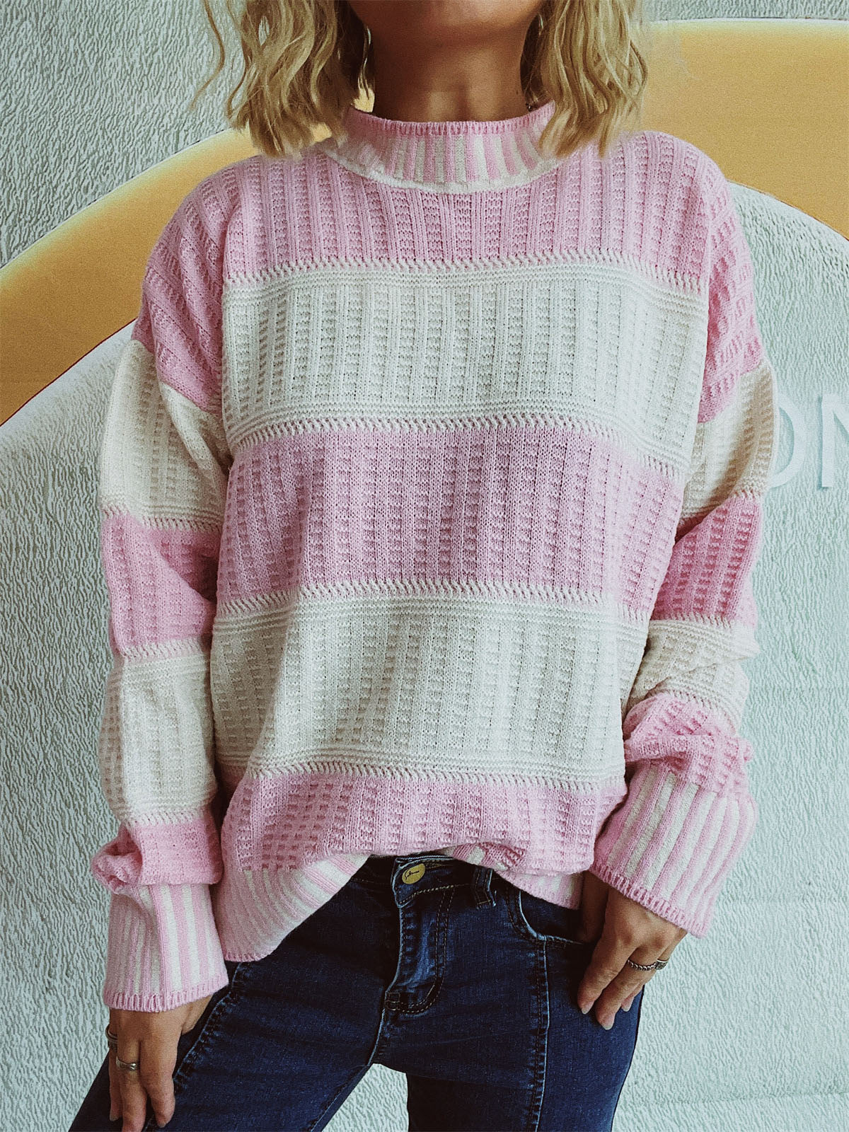 Women's Striped Textured Crew Neck Sweater