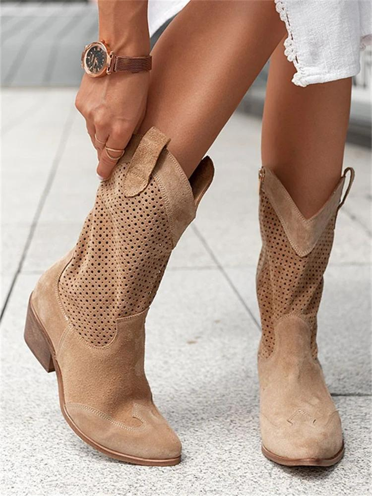 Stylish Suede Cowboy Brown Boots for Women with Pointed Toe Block Heel Perforated Mid Calf Style