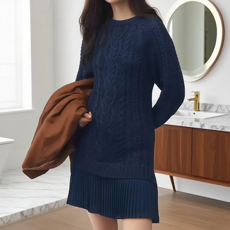 Stylish Camel Cable Knit Sweater Dress for Women with Crew Neck Long Sleeve Pleated Hem Knit Fall Style