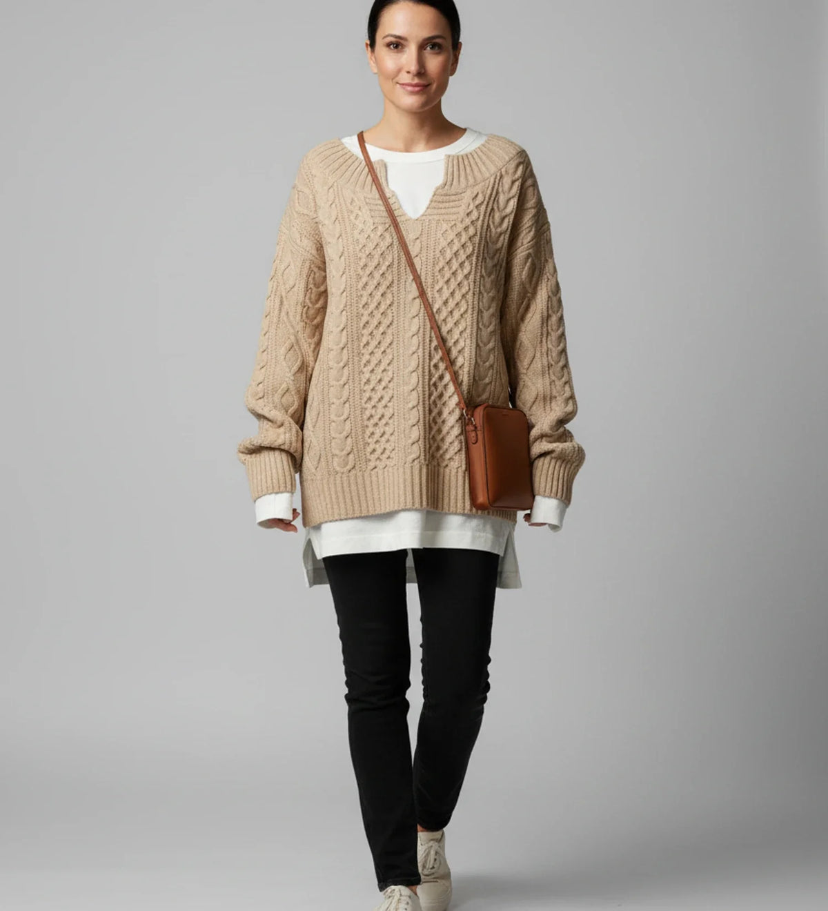 Comfortable Cable Knit Sweater for Women with Mock Neck Long Sleeve Oversized Relaxed Style