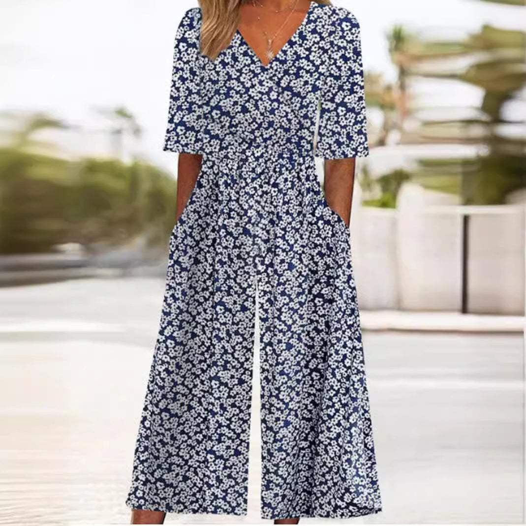 Effortless Floral Wide Leg Jumpsuit for Women with V Neck Elbow Sleeve Pocket Bohemian Style