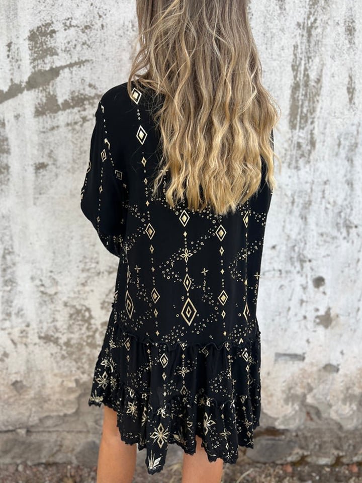 Effortless Metallic Print Mini Dress for Women with V Neck Bell Sleeve Tiered Ruffle Bohemian Style