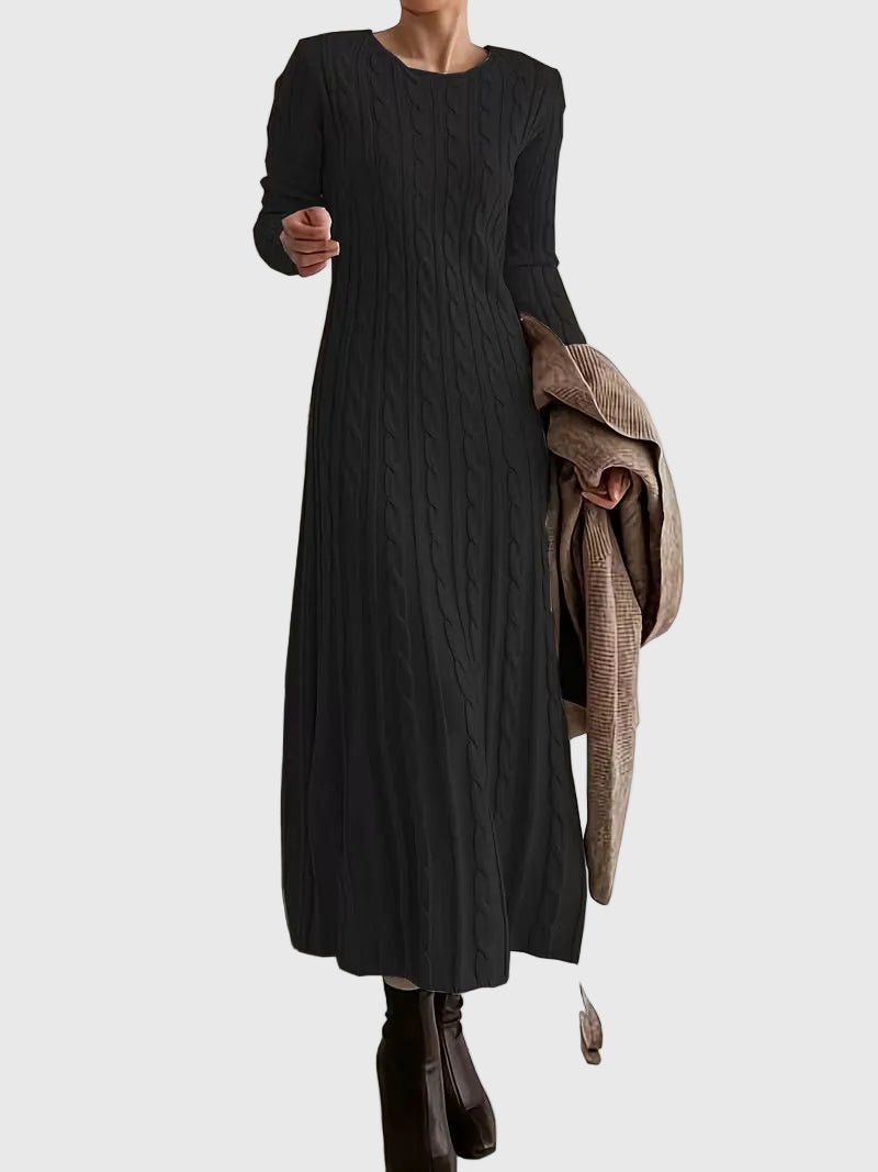 Effortless Cream Cable Knit Sweater Maxi Dress for Women with Crew Neck Long Sleeve Ribbed Knit Fall Style