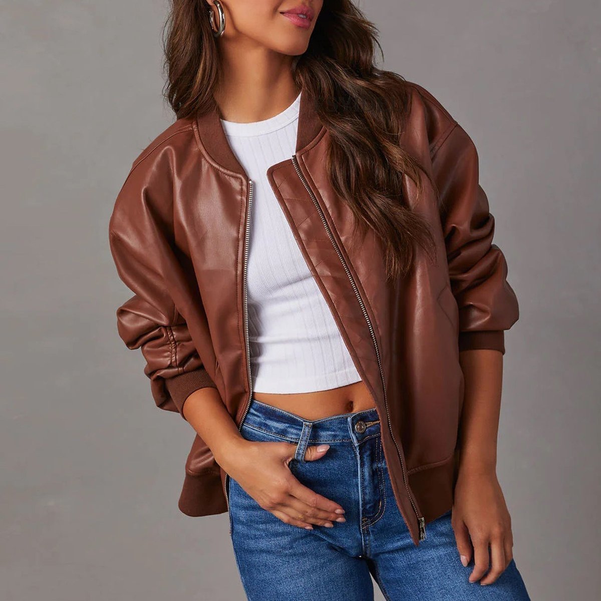 Chic Brown Faux Leather Bomber Jacket for Women with Zip Front Ribbed Knit Relaxed Biker Style