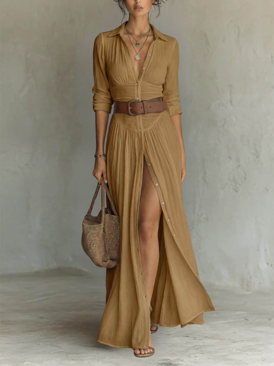 Effortless Linen Maxi Shirt Dress for Women with V Neck Long Sleeve Button Front High Slit Boho Style
