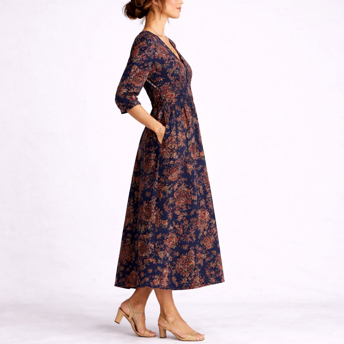 Aria | Elegant Multicolor Floral Autumn Wedding Guest Dress for Women with V Neck Elbow Sleeve Fit And Flare Bohemian Style
