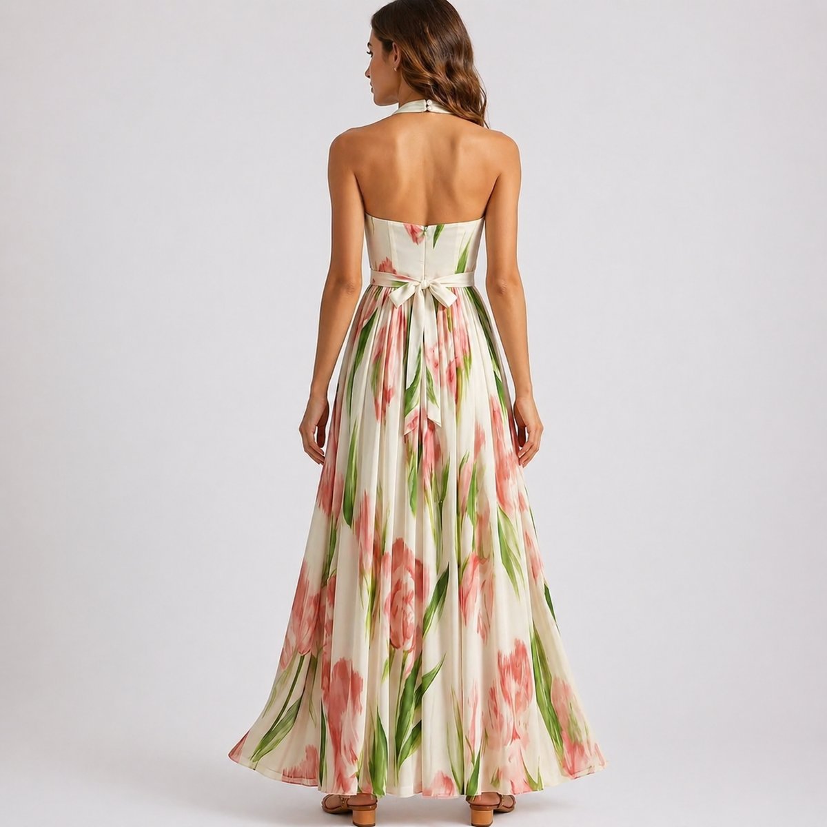 Elegant Floral Autumn Wedding Guest Dress for Women with Halter V Neck Sleeveless Pleated Flowing Style
