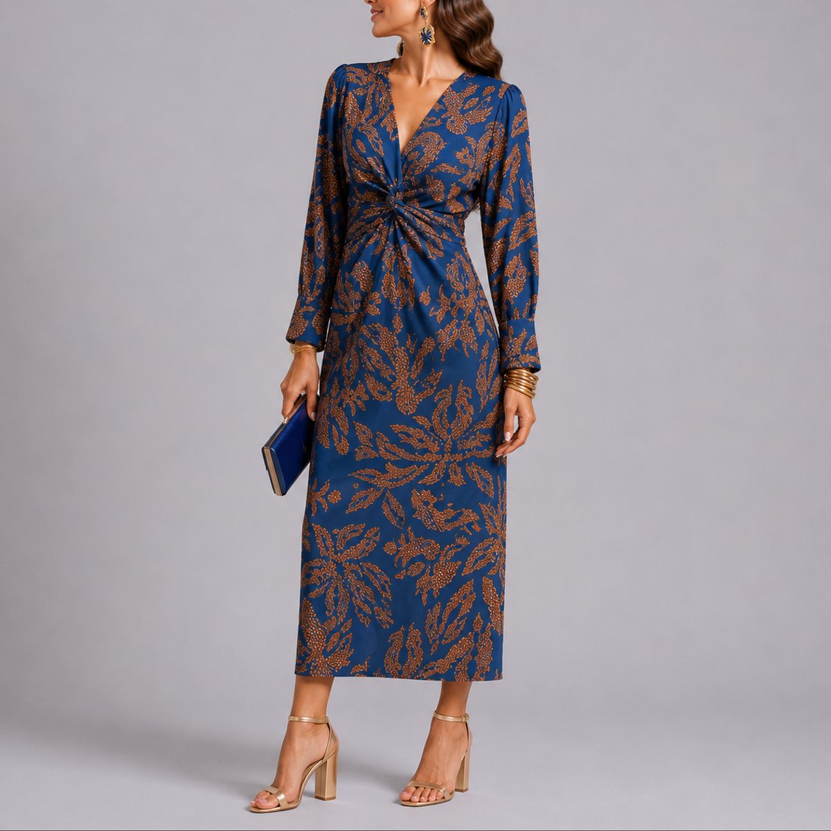 Elegant Floral Autumn Wedding Guest Dress for Women with V Neck Long Sleeve Twist Front Midi Style