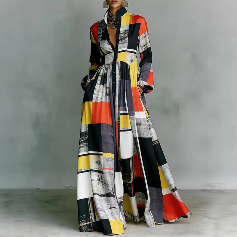 Elegant Printed Maxi Shirt Dress for Women with Stand Collar Long Sleeve Button Front Flowing Style